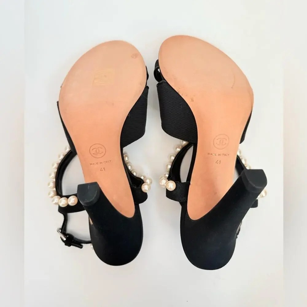 Chanel Black Grosgrain Pearl Slingback Heels Sandals CC Logo  EU 41